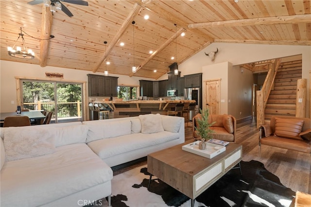 living room featuring hardwood / wood-style flooring, beamed ceiling, high vaulted ceiling, and wood ceiling