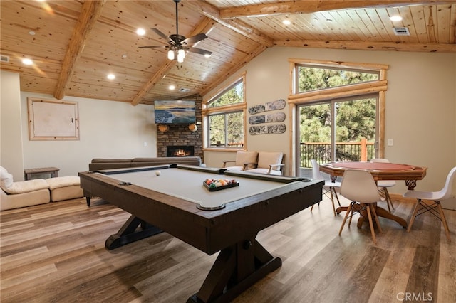 game room with billiards, wood finished floors, beam ceiling, a fireplace, and wood ceiling