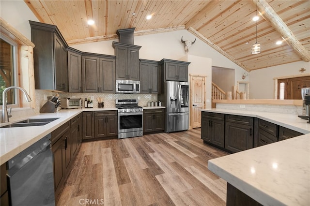 kitchen with wood ceiling, sink, stainless steel appliances, light hardwood / wood-style floors, and decorative backsplash