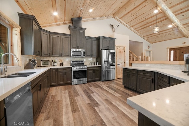 kitchen featuring a sink, light wood-style floors, appliances with stainless steel finishes, wooden ceiling, and tasteful backsplash