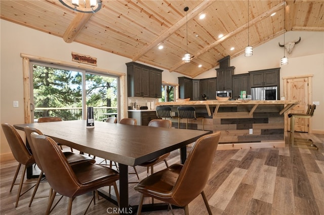 dining area with light wood-style flooring, wood ceiling, beamed ceiling, and high vaulted ceiling