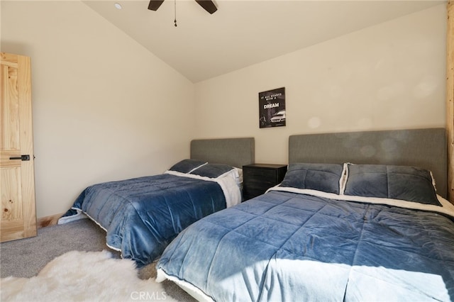 bedroom featuring vaulted ceiling, carpet, and ceiling fan