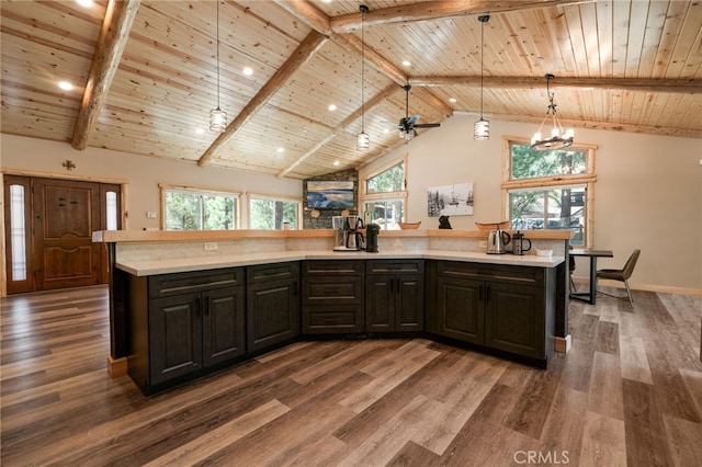 kitchen featuring a kitchen island with sink, pendant lighting, wooden ceiling, dark brown cabinetry, and dark wood-type flooring