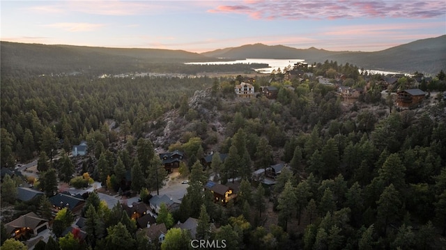 aerial view at dusk featuring a view of trees and a mountain view