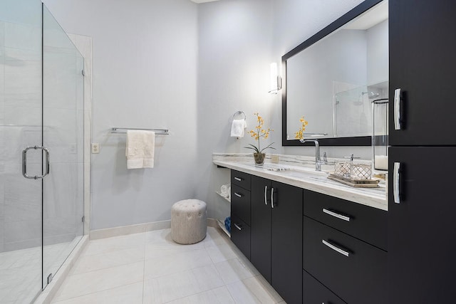 bathroom featuring tile patterned floors, vanity, and walk in shower