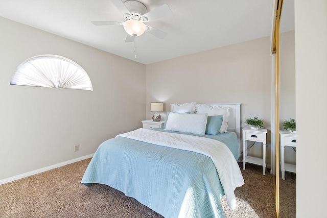 bedroom featuring ceiling fan and dark carpet