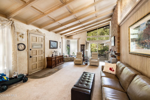 carpeted living room featuring beam ceiling