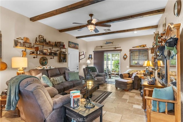 living room featuring beam ceiling and ceiling fan