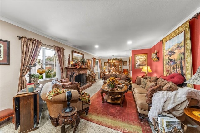 living room with carpet, a fireplace, and ornamental molding