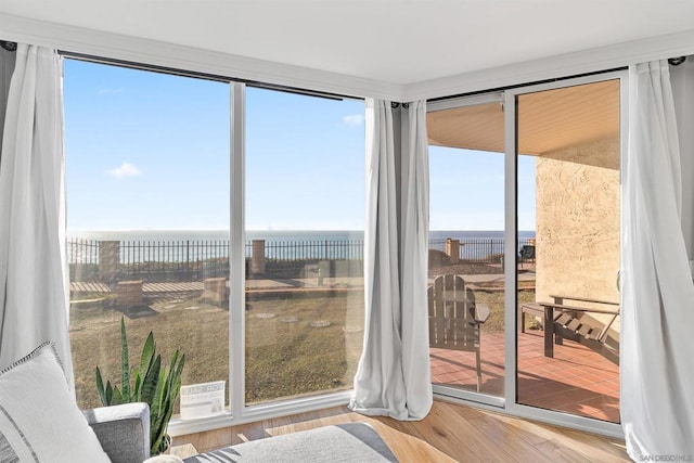 sunroom / solarium featuring a healthy amount of sunlight and a water view