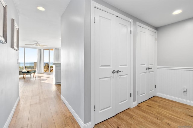 hallway with light hardwood / wood-style flooring and expansive windows