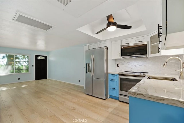 kitchen with white cabinetry, stainless steel appliances, a tray ceiling, light stone countertops, and sink