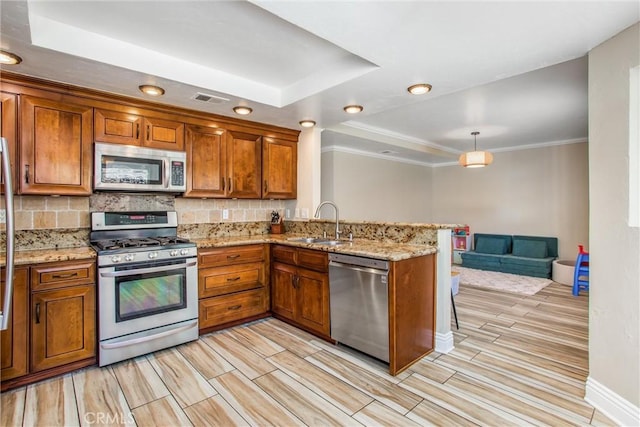 kitchen featuring a tray ceiling, kitchen peninsula, sink, and stainless steel appliances