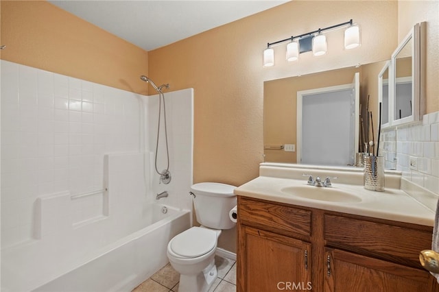 full bathroom featuring toilet, tile patterned flooring, shower / bathtub combination, backsplash, and vanity