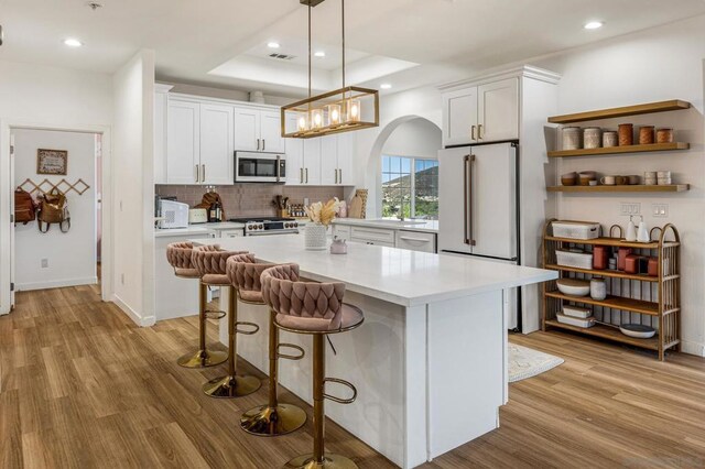 kitchen with white cabinetry, a raised ceiling, high quality appliances, and light wood-type flooring