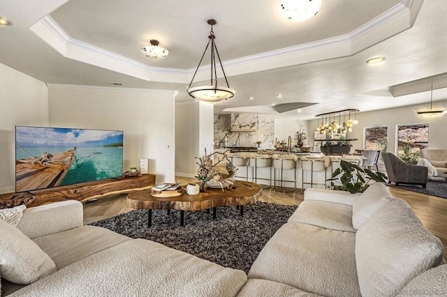 living room featuring hardwood / wood-style floors, a tray ceiling, crown molding, and sink