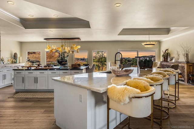 kitchen with a center island, a raised ceiling, and hanging light fixtures