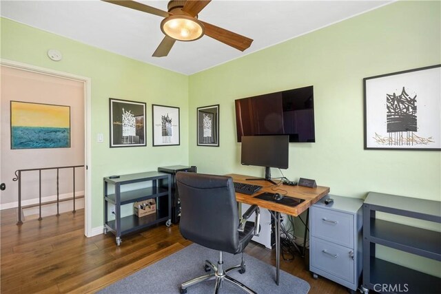 office with ceiling fan and dark wood-type flooring