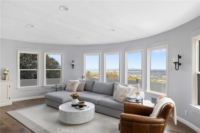 living area with recessed lighting, baseboards, and wood finished floors