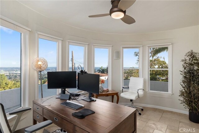 6401 Corsini Pl, Rancho Palos Verdes, CA 90275 - office with plenty of natural light, a ceiling fan, and baseboards