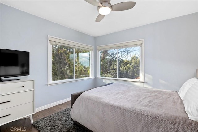 bedroom featuring ceiling fan, baseboards, multiple windows, and wood finished floors