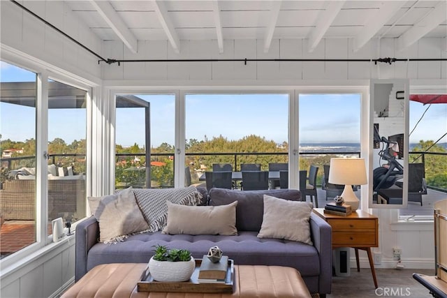 sunroom with outdoor lounge area, beam ceiling, and wood finished floors