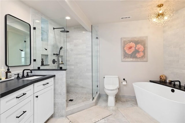 6401 Corsini Pl, Rancho Palos Verdes, CA 90275 - full bathroom with marble finish floor, visible vents, a shower stall, a soaking tub, and vanity