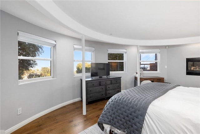 bedroom featuring multiple windows and dark wood-type flooring