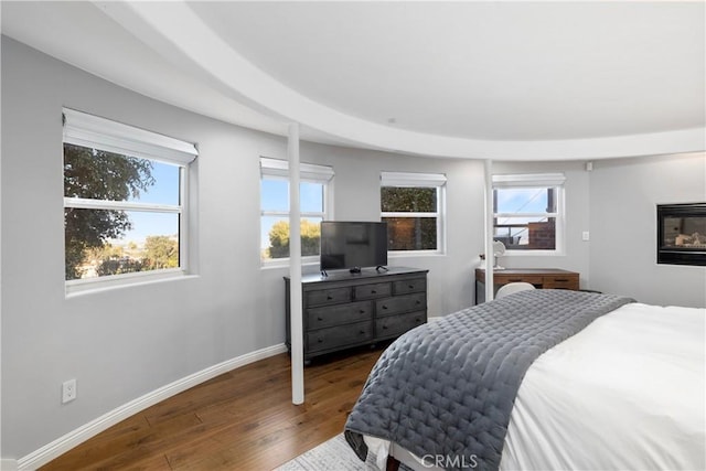 bedroom with baseboards, multiple windows, and wood finished floors