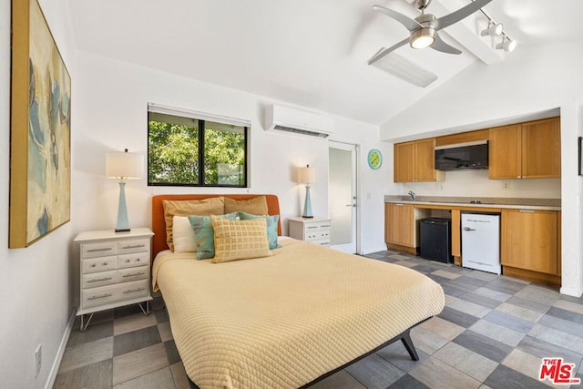 bedroom featuring ceiling fan, a wall mounted AC, vaulted ceiling with beams, fridge, and rail lighting