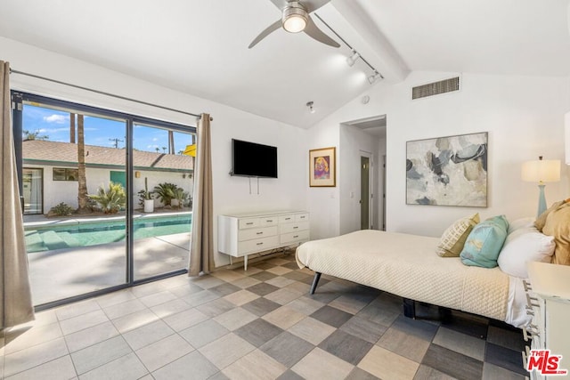 bedroom featuring ceiling fan, lofted ceiling with beams, and access to exterior