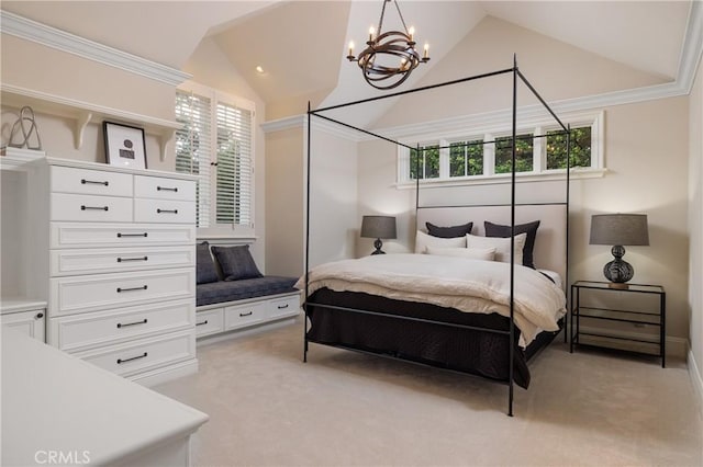 bedroom with a chandelier, light colored carpet, ornamental molding, and vaulted ceiling