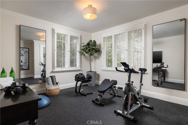 exercise room with ornamental molding