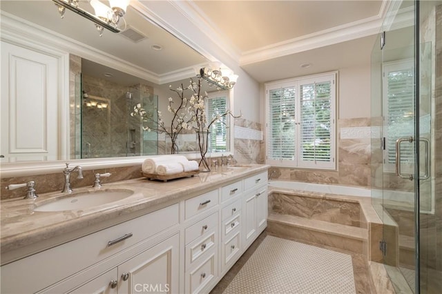 bathroom with tile patterned floors, vanity, independent shower and bath, and crown molding