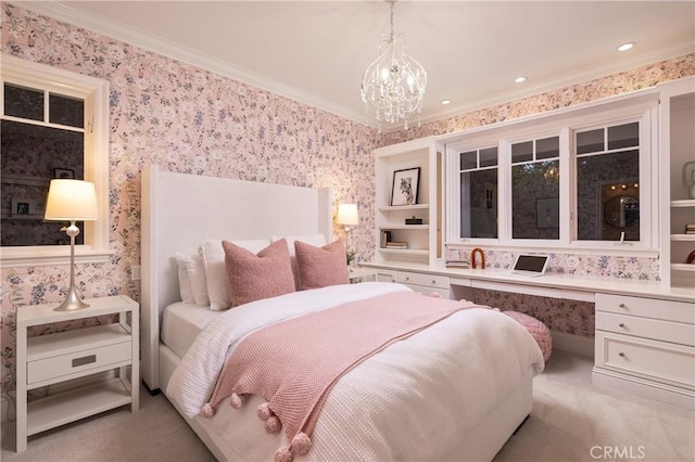 bedroom with light carpet, built in desk, and ornamental molding