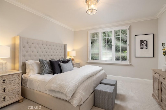 carpeted bedroom featuring ornamental molding