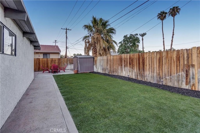 view of yard with a storage shed and a patio