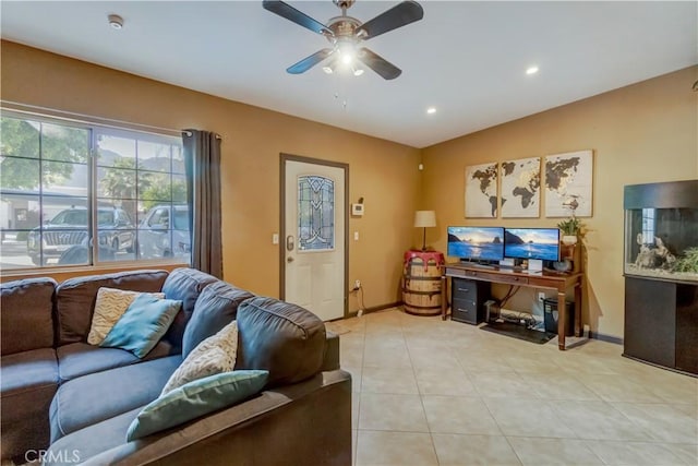 living room with vaulted ceiling and ceiling fan