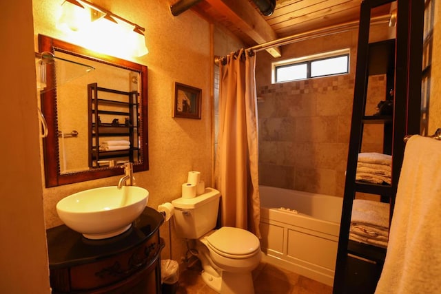 full bathroom with vanity, toilet, shower / bathtub combination with curtain, and wooden ceiling