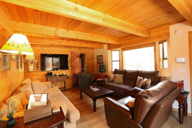 living room featuring a wood stove, beamed ceiling, wood walls, wood-type flooring, and wood ceiling