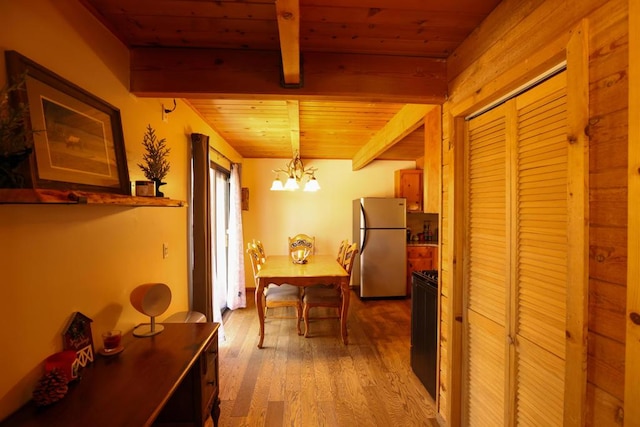 corridor featuring hardwood / wood-style floors, a notable chandelier, wooden ceiling, and beam ceiling