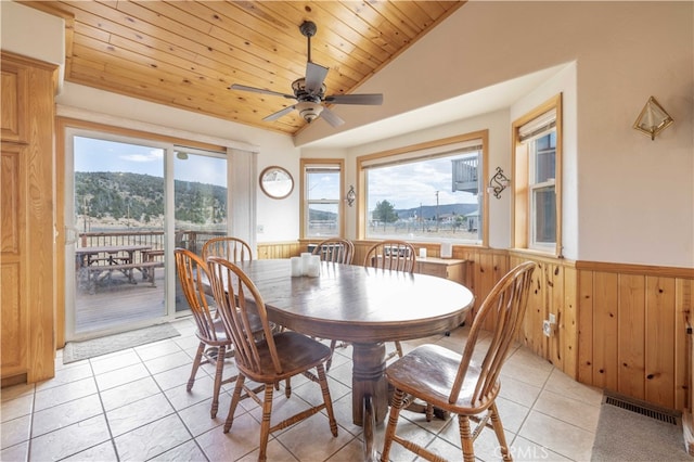 tiled dining area with ceiling fan, lofted ceiling, plenty of natural light, and wooden ceiling