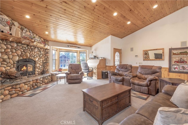 living room featuring a fireplace, wooden ceiling, high vaulted ceiling, and light carpet