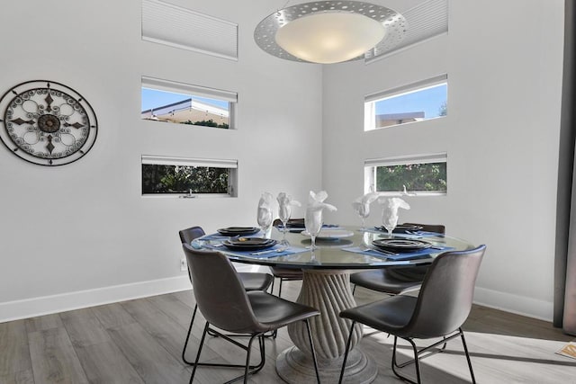 dining space with wood-type flooring, a healthy amount of sunlight, and a high ceiling