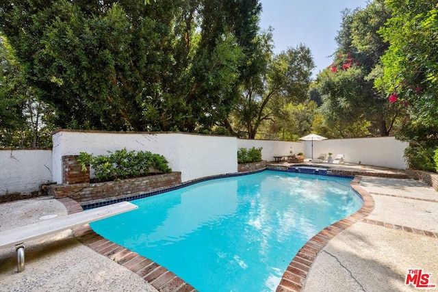 view of pool with a diving board and a patio