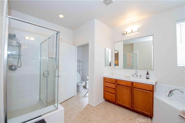 full bathroom with vanity, plus walk in shower, toilet, and tile patterned floors