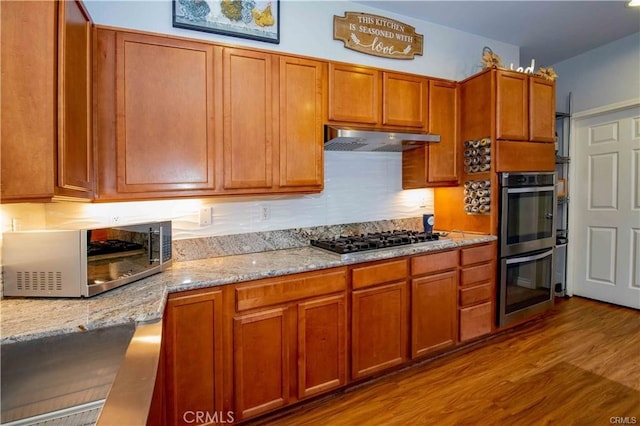 kitchen with light stone counters, stainless steel appliances, and light hardwood / wood-style flooring