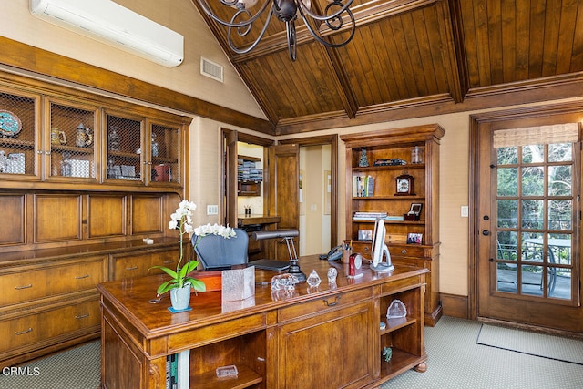 office space with vaulted ceiling, an inviting chandelier, wood ceiling, and a wall mounted air conditioner