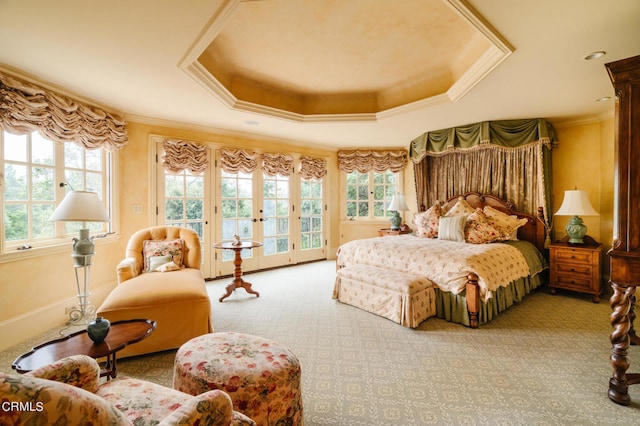 bedroom featuring access to outside, a raised ceiling, crown molding, and multiple windows