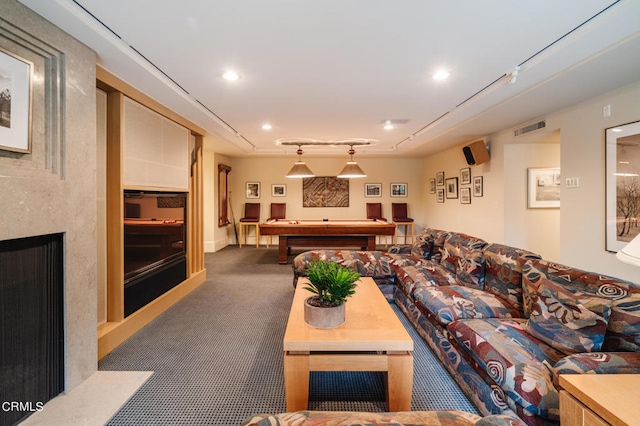 carpeted living room featuring billiards